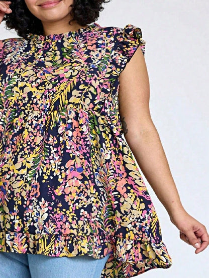 Summer/Spring Vine  Floral Ruffle Sleeve Festive Foliage Tunic Dress Breathable Shirt  Top, Small To Plus Extended Size