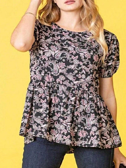 Summer Peplum Paisley Bishop Lantern Puff Sleeve Crew Neck Cute Baby Doll Top Blouse Breathable Shirt , Small To Plus Extended Size