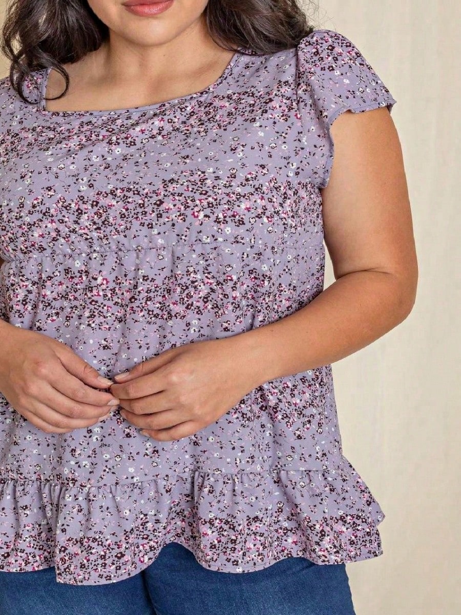 Summer/Spring Ditsy Floral Bishop Lantern Sleeve Crew Neck Cute Baby Doll Top Blouse With Button Accent Breathable, Plus Extended Size