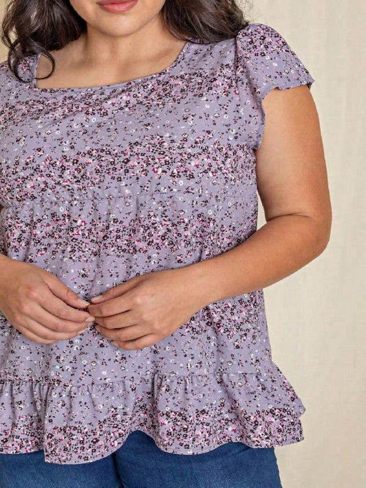 Summer/Spring Ditsy Floral Bishop Lantern Sleeve Crew Neck Cute Baby Doll Top Blouse With Button Accent Breathable, Plus Extended Size