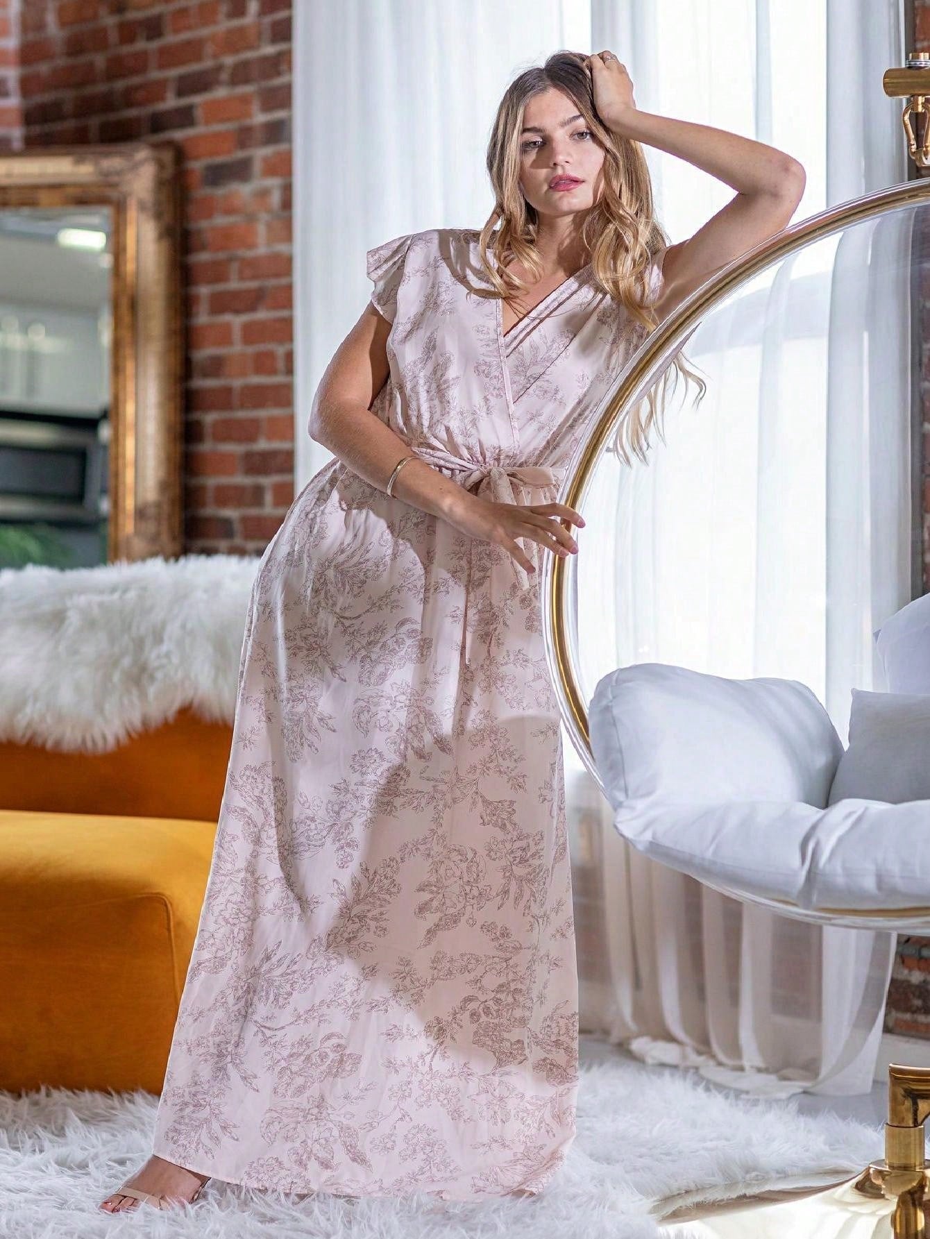 Retro Boho Woven Floral Pink Yellow Maxi Surplice Wrap Sah Dress Front Tie Flutter Sleeve