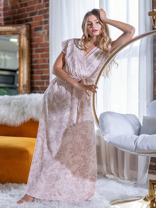 Retro Boho Woven Floral Pink Yellow Maxi Surplice Wrap Sah Dress Front Tie Flutter Sleeve