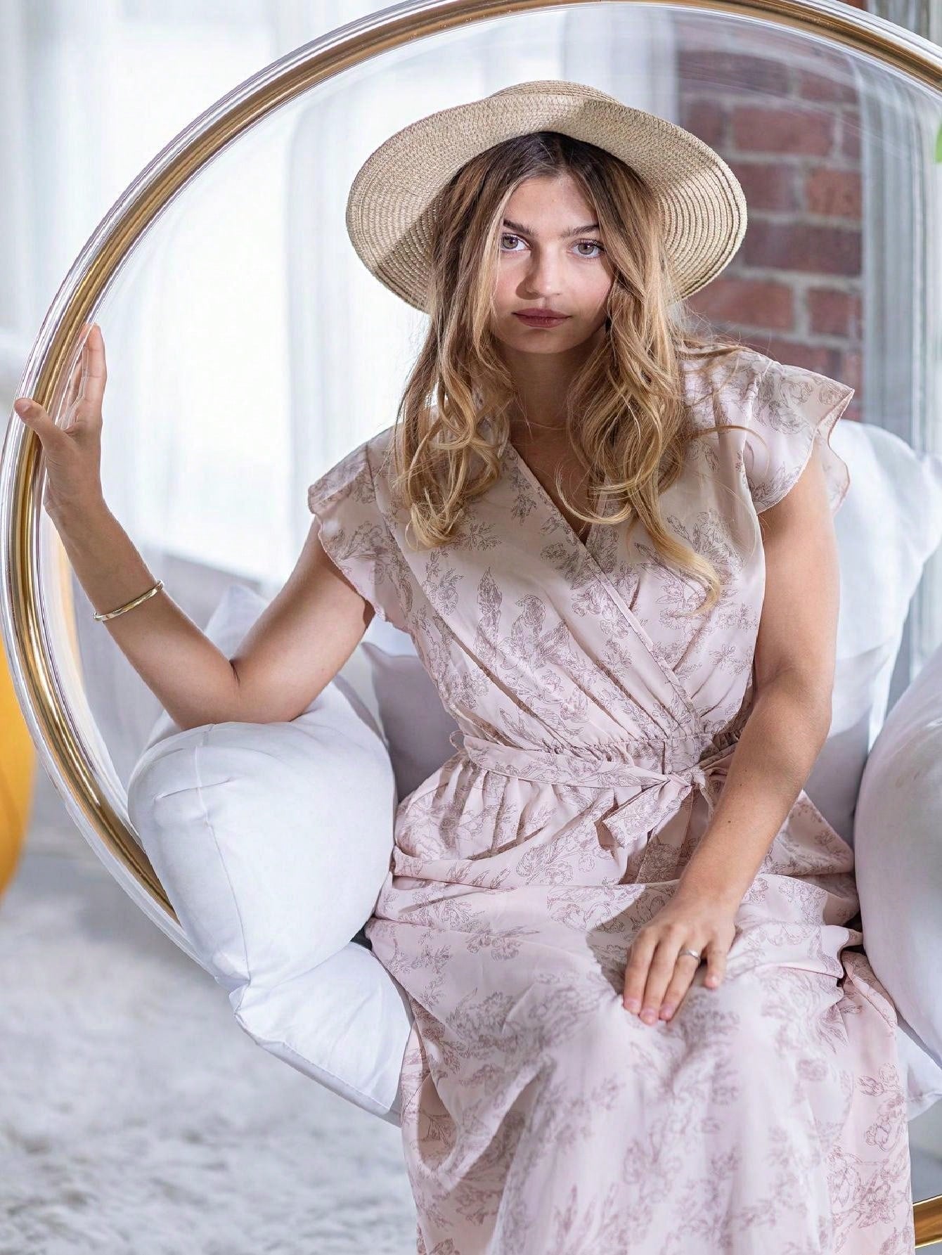 Retro Boho Woven Floral Pink Yellow Maxi Surplice Wrap Sah Dress Front Tie Flutter Sleeve