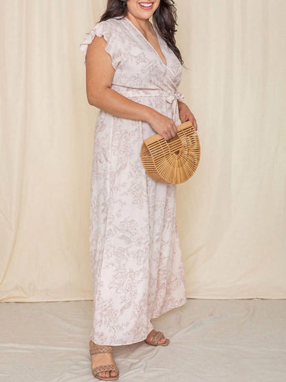 Retro Boho Woven Floral Pink Yellow Maxi Surplice Wrap Sah Dress Front Tie Flutter Sleeve
