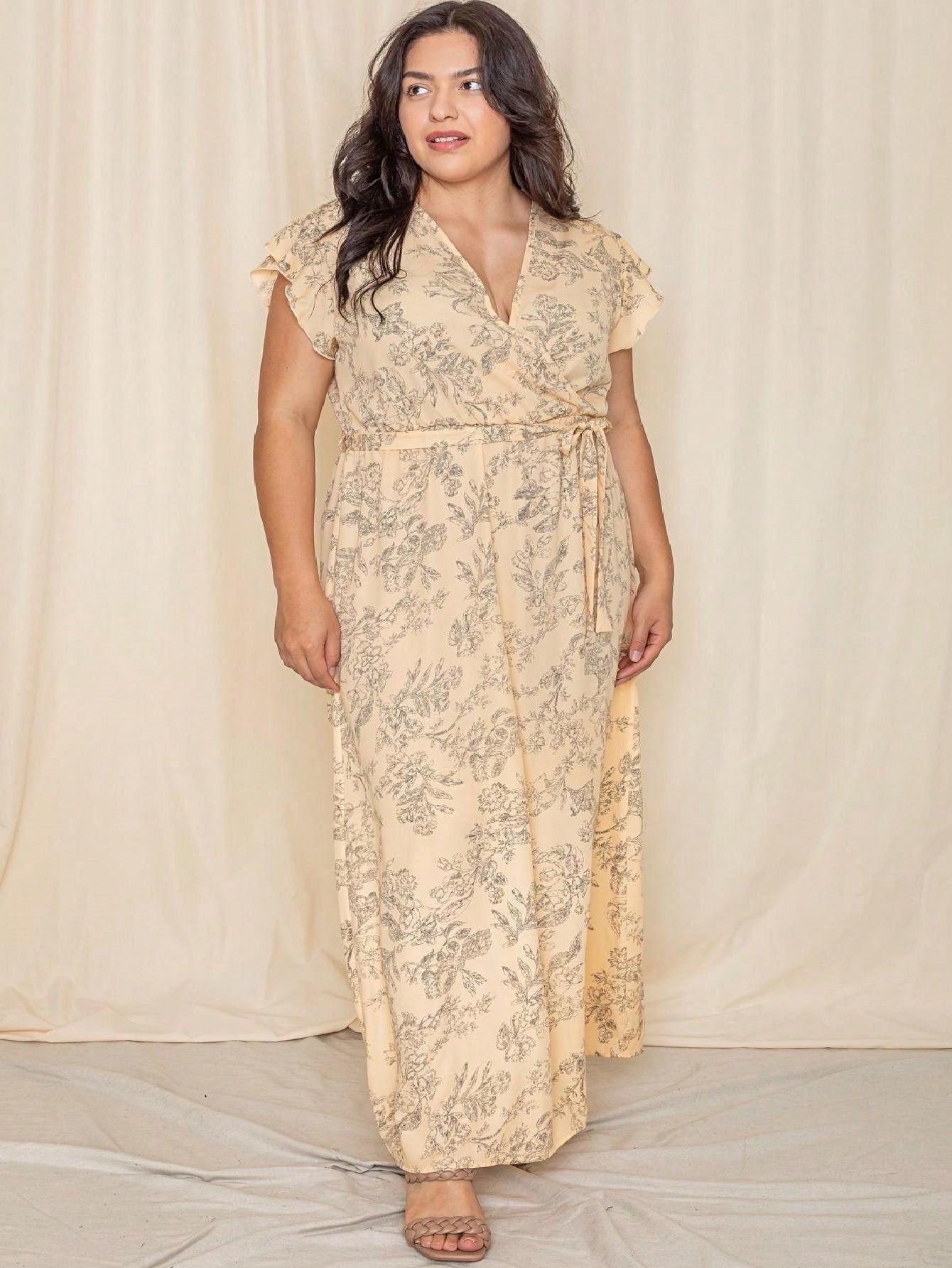 Retro Boho Woven Floral Pink Yellow Maxi Surplice Wrap Sah Dress Front Tie Flutter Sleeve