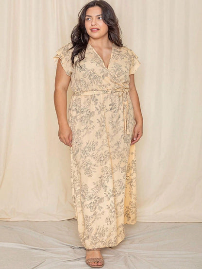 Retro Boho Woven Floral Pink Yellow Maxi Surplice Wrap Sah Dress Front Tie Flutter Sleeve