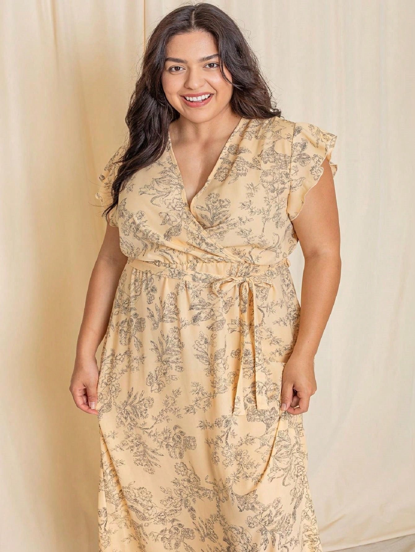 Retro Boho Woven Floral Pink Yellow Maxi Surplice Wrap Sah Dress Front Tie Flutter Sleeve
