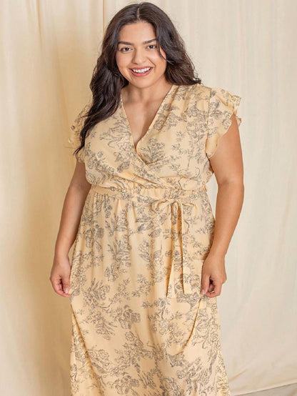Retro Boho Woven Floral Pink Yellow Maxi Surplice Wrap Sah Dress Front Tie Flutter Sleeve