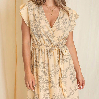 Retro Boho Woven Floral Pink Yellow Maxi Surplice Wrap Sah Dress Front Tie Flutter Sleeve