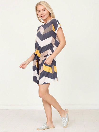 Boho Retro 60's Chevron Zig Zag Drawstring Jumpsuit Romper With Pocket Cuffed Sleeve 4" Inseam Shorts