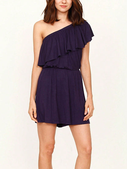 Boho Retro Casual Grey Navy Black Rayon Romper Jumpsuit One Shoulder Ruffle