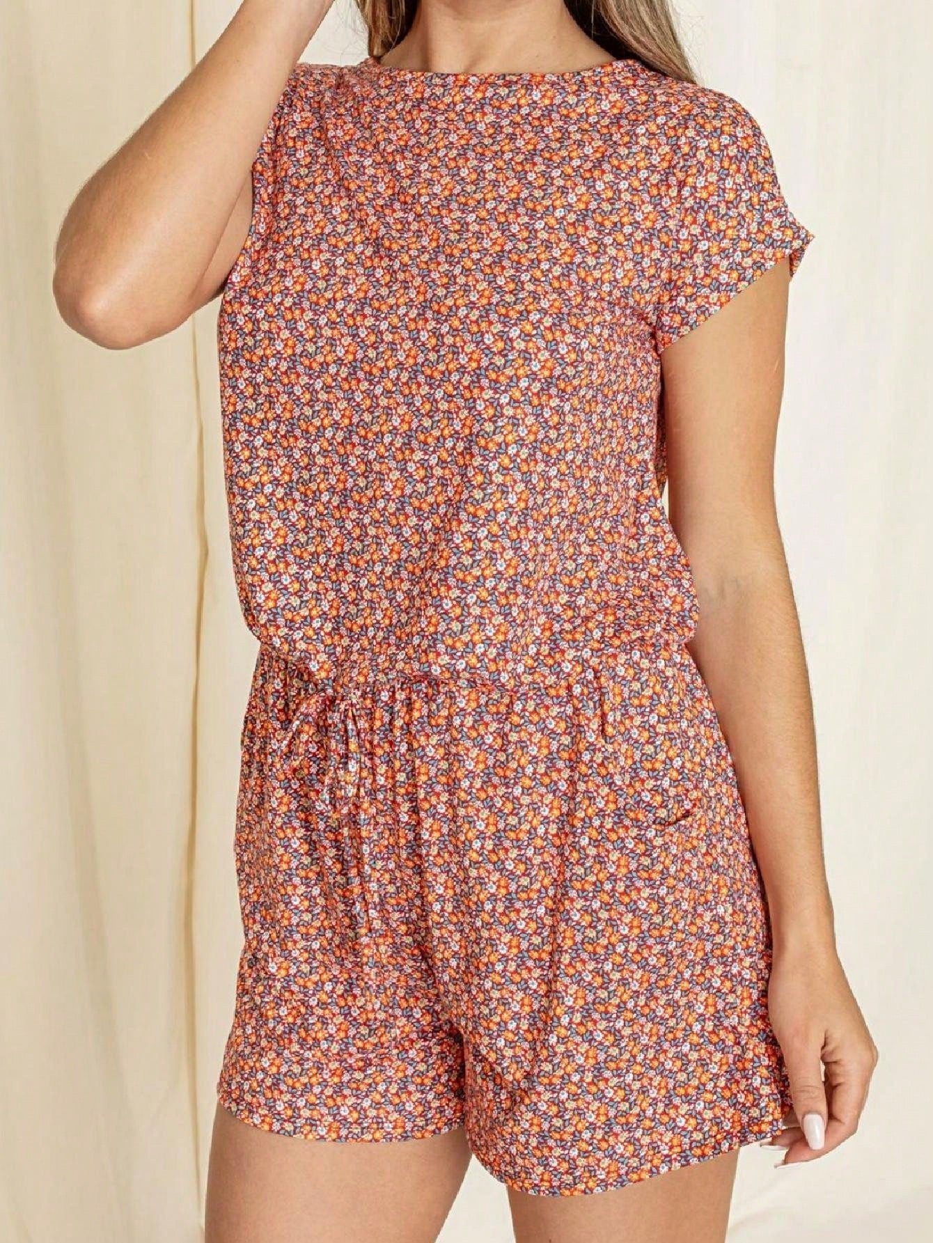 Boho Casual Red Black Ditsy Floral Tank Cami Romper Short Sleeve