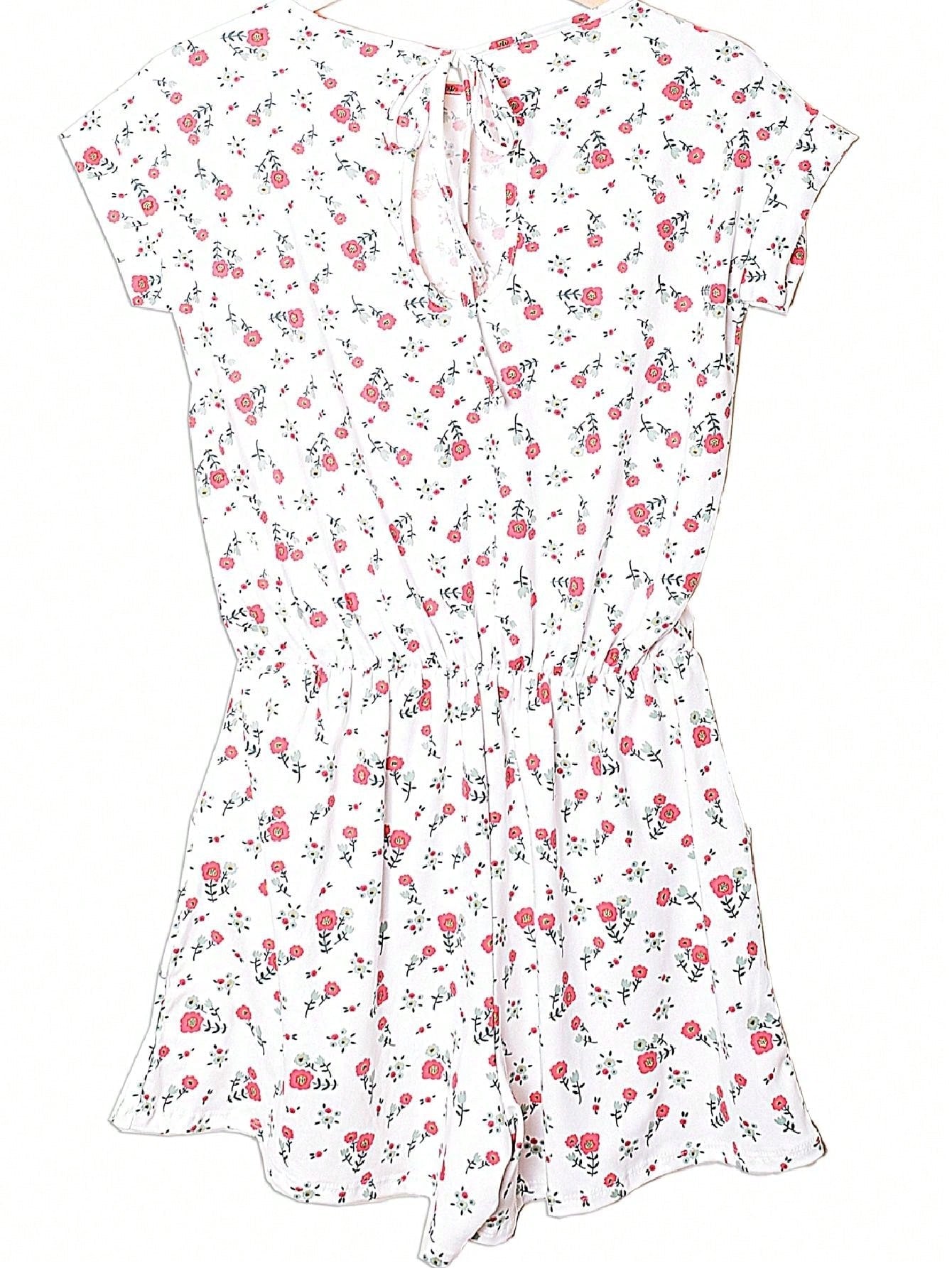 Boho Casual Red Black Ditsy Floral Tank Cami Romper Short Sleeve