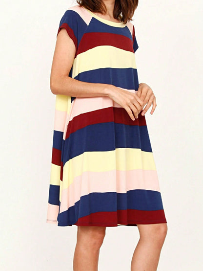 Boho Retro Classic Cap Sleeve Raglan Contrast  Stripe Green Red Navy Pink Grey Tunic Dress