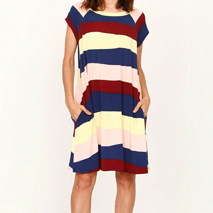 Boho Retro Classic Cap Sleeve Raglan Contrast  Stripe Green Red Navy Pink Grey Tunic Dress