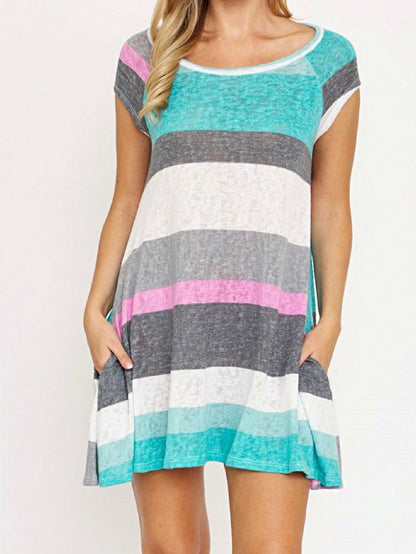 Boho Retro Classic Cap Sleeve Raglan Contrast  Stripe Green Red Navy Pink Grey Tunic Dress