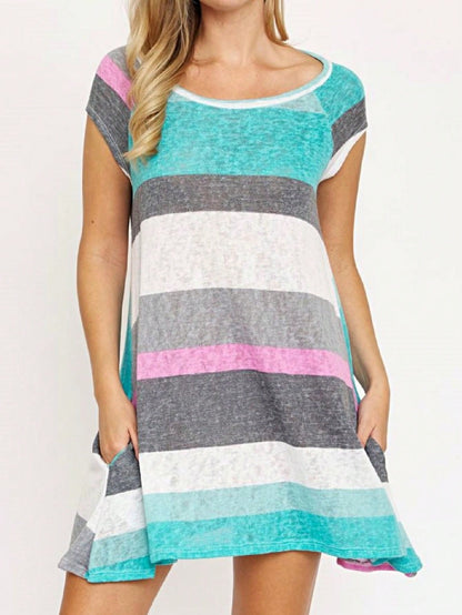 Boho Retro Classic Cap Sleeve Raglan Contrast  Stripe Green Red Navy Pink Grey Tunic Dress