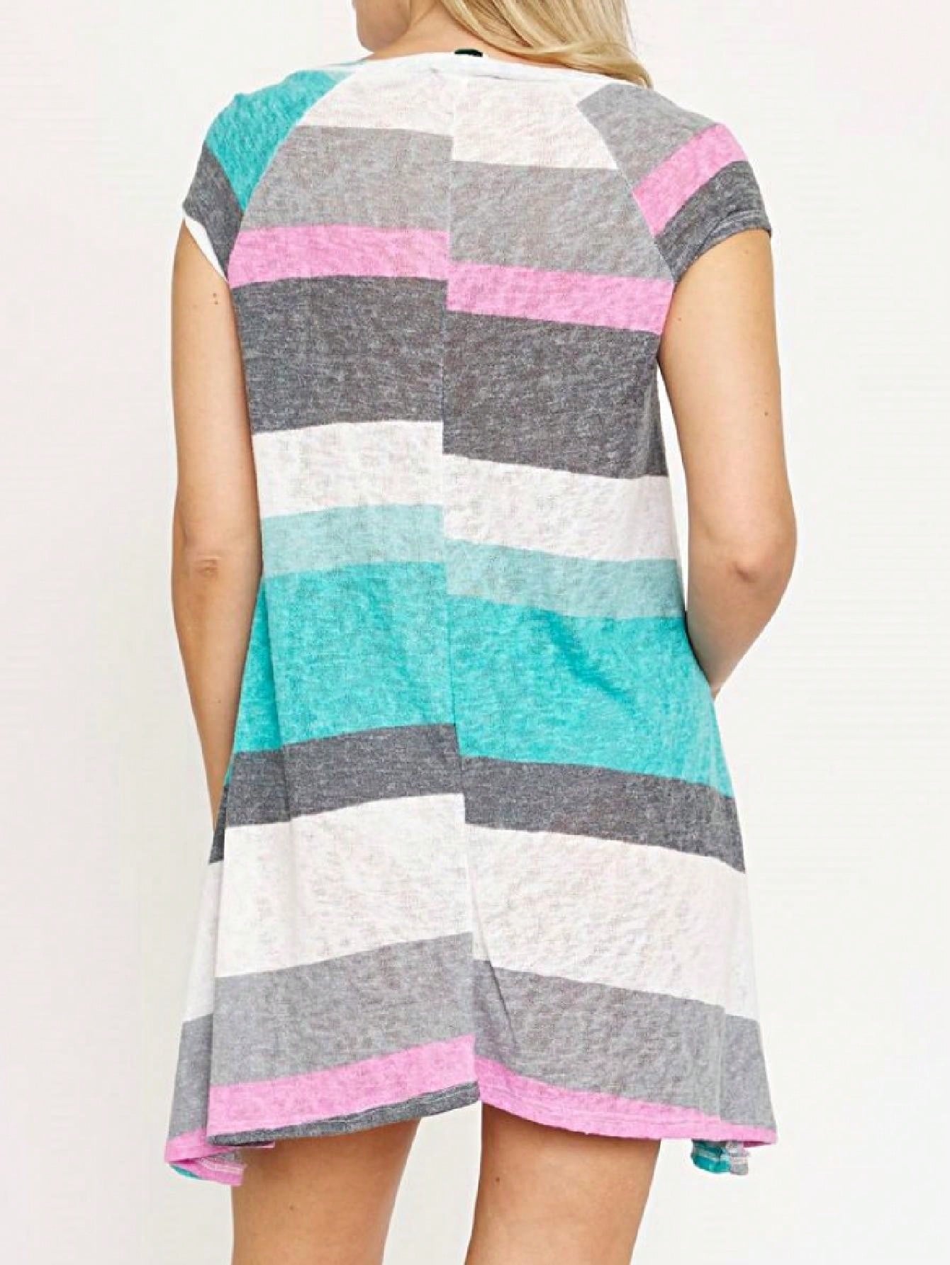 Boho Retro Classic Cap Sleeve Raglan Contrast  Stripe Green Red Navy Pink Grey Tunic Dress