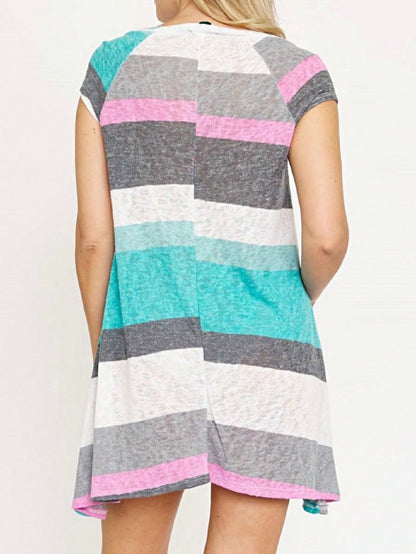 Boho Retro Classic Cap Sleeve Raglan Contrast  Stripe Green Red Navy Pink Grey Tunic Dress