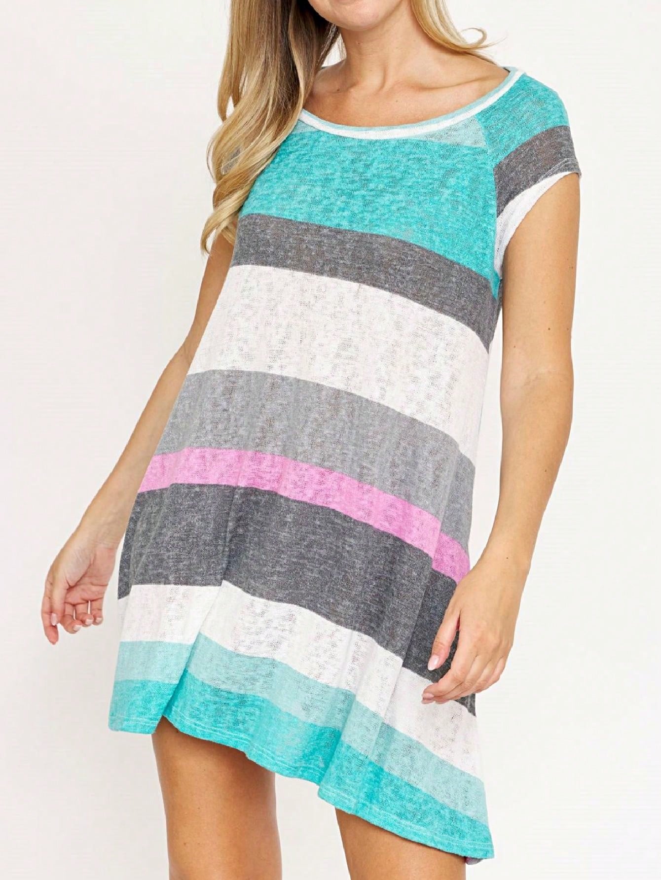 Boho Retro Classic Cap Sleeve Raglan Contrast  Stripe Green Red Navy Pink Grey Tunic Dress
