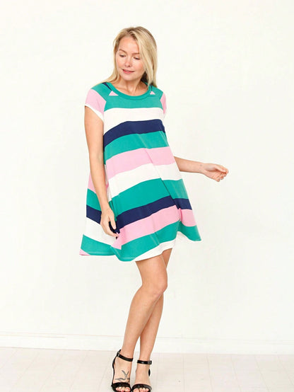 Boho Retro Classic Cap Sleeve Raglan Contrast  Stripe Green Red Navy Pink Grey Tunic Dress