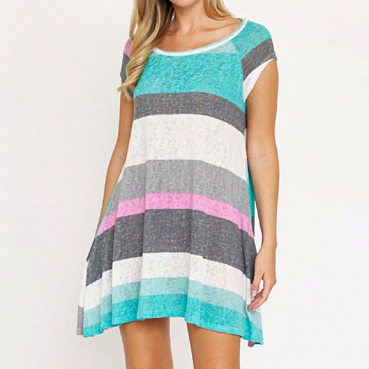 Boho Retro Classic Cap Sleeve Raglan Contrast  Stripe Green Red Navy Pink Grey Tunic Dress