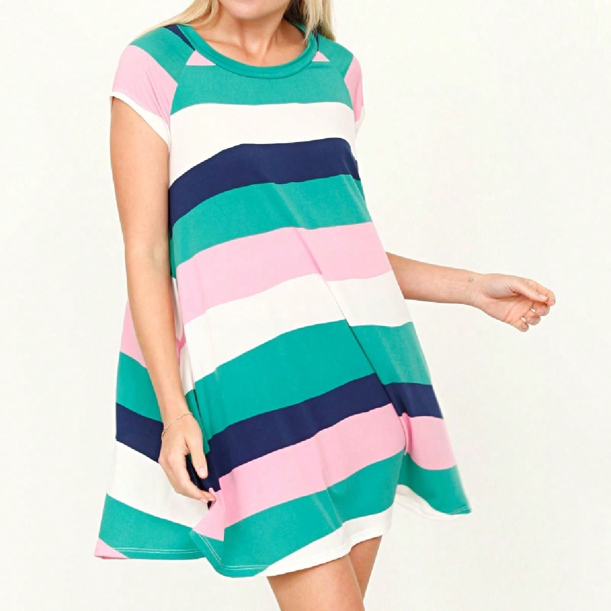 Boho Retro Classic Cap Sleeve Raglan Contrast  Stripe Green Red Navy Pink Grey Tunic Dress