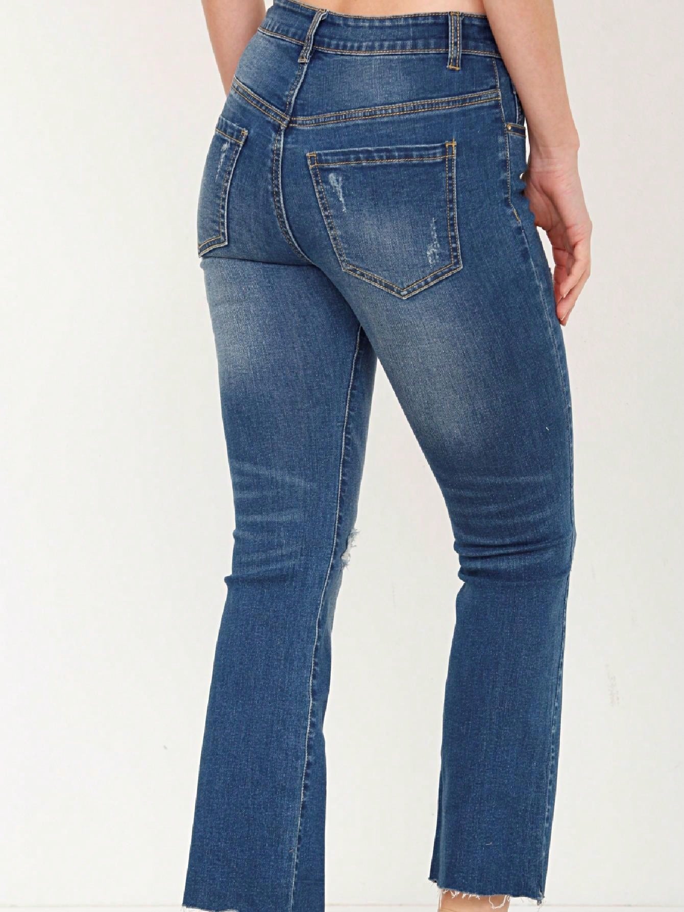 Cotton Tattered Hem Mid High Waist Cropped Semi Ankle Boot Cut Jeans