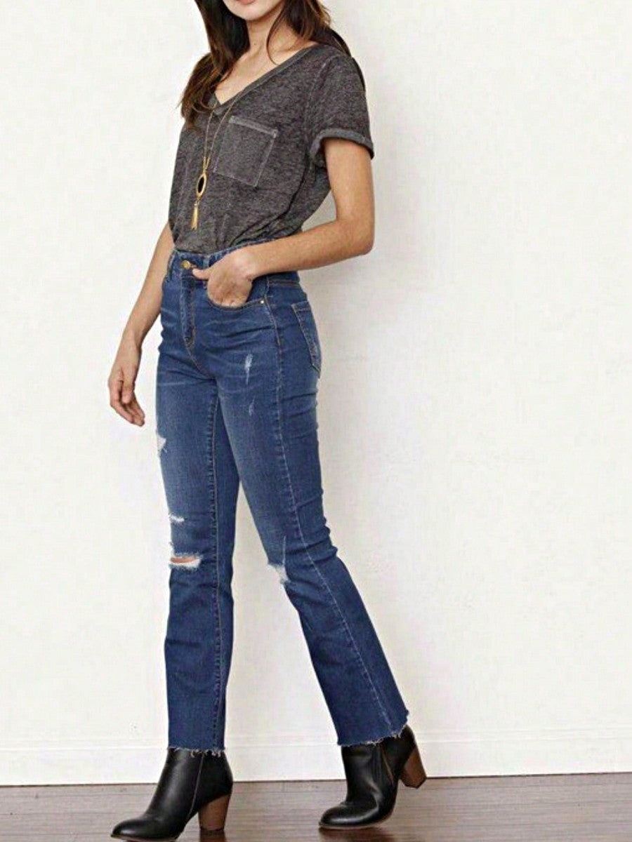 Cotton Tattered Hem Mid High Waist Cropped Semi Ankle Boot Cut Jeans