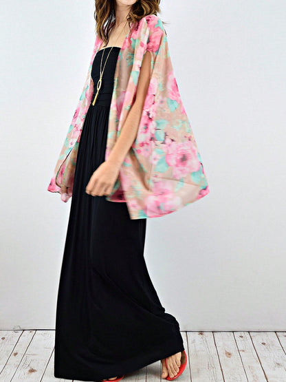 Boho Retro Coral Pink Orange Floral Chiffon Light Weight Slouch Kimono Cardigan Cover Up