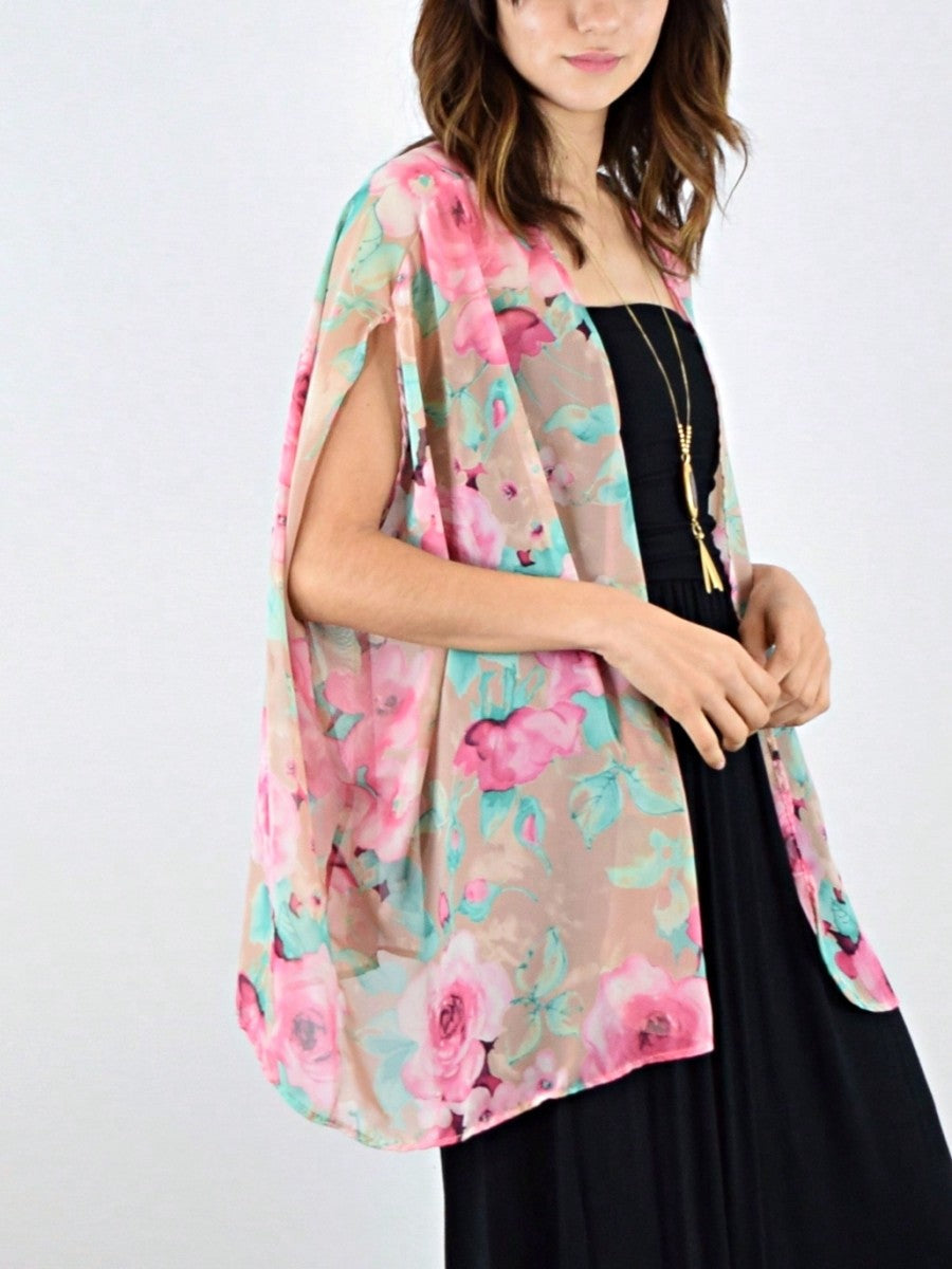 Boho Retro Coral Pink Orange Floral Chiffon Light Weight Slouch Kimono Cardigan Cover Up