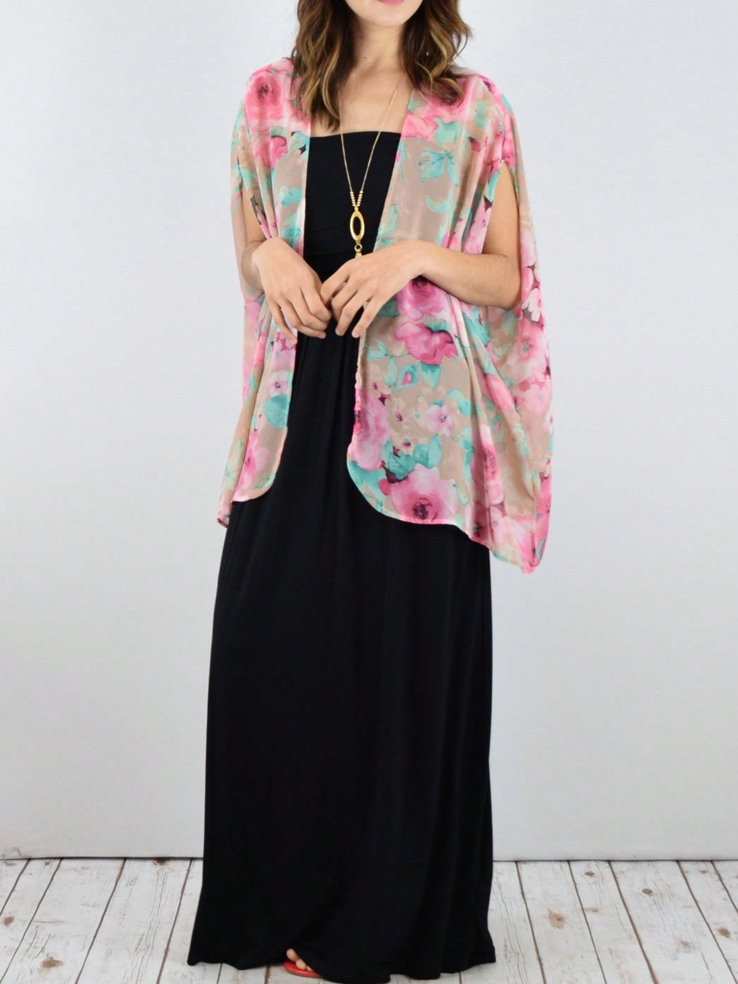Boho Retro Coral Pink Orange Floral Chiffon Light Weight Slouch Kimono Cardigan Cover Up