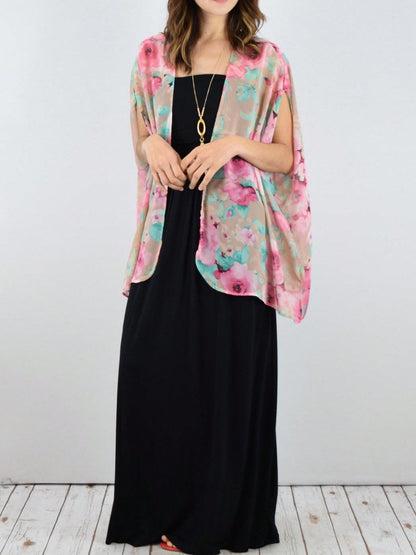 Boho Retro Coral Pink Orange Floral Chiffon Light Weight Slouch Kimono Cardigan Cover Up