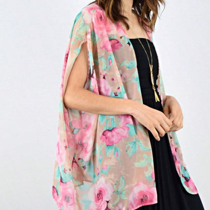 Boho Retro Coral Pink Orange Floral Chiffon Light Weight Slouch Kimono Cardigan Cover Up