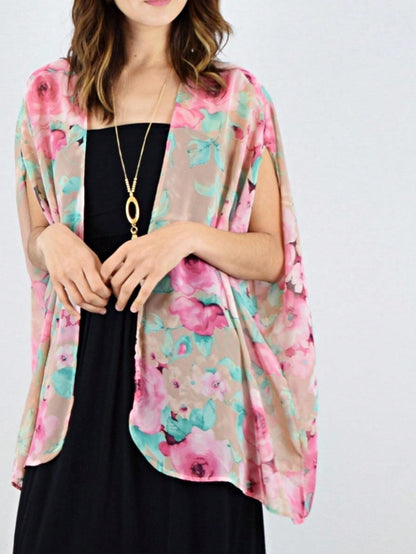 Boho Retro Coral Pink Orange Floral Chiffon Light Weight Slouch Kimono Cardigan Cover Up