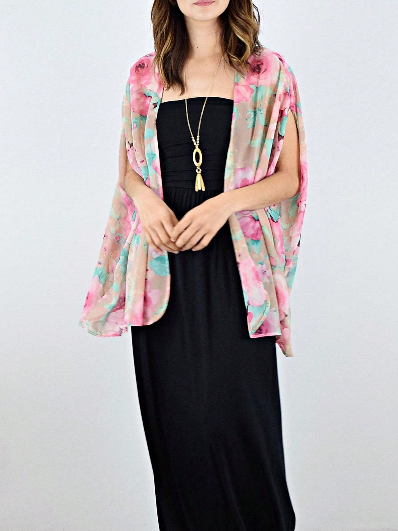 Boho Retro Coral Pink Orange Floral Chiffon Light Weight Slouch Kimono Cardigan Cover Up