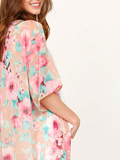 Boho Retro Coral Pink Orange Floral Chiffon Light Weight Slouch Kimono Cardigan Cover Up