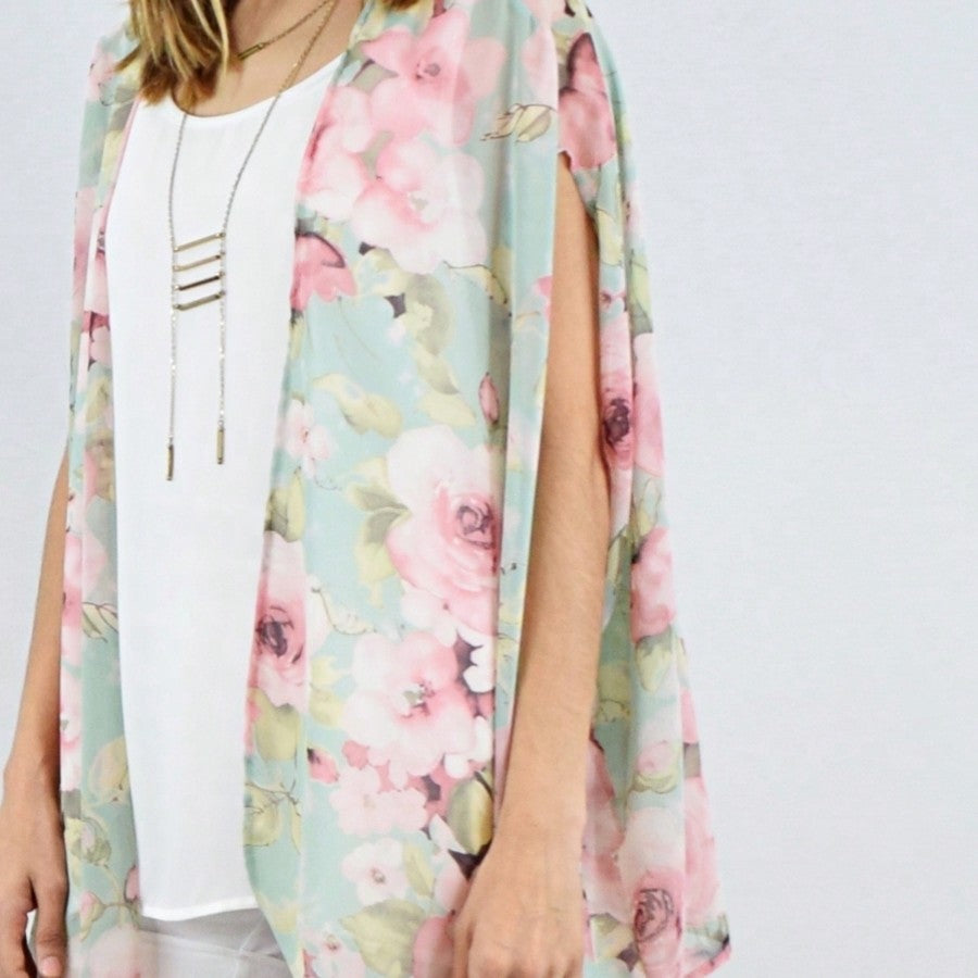 Boho Retro Coral Pink Orange Floral Chiffon Light Weight Slouch Kimono Cardigan Cover Up