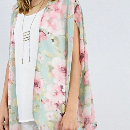 Boho Retro Coral Pink Orange Floral Chiffon Light Weight Slouch Kimono Cardigan Cover Up