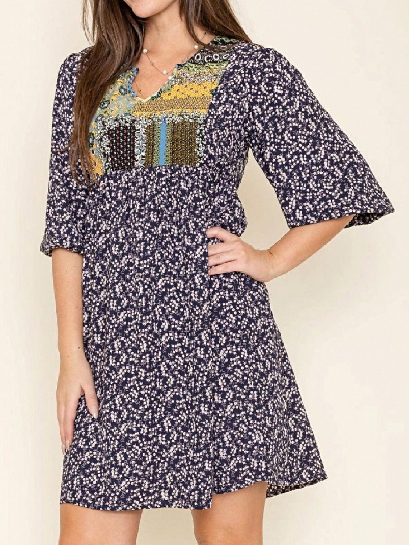 Boho Retro Half Balloon Puff Sleeve   Tunic Dress