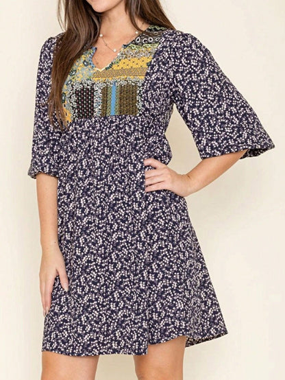 Boho Retro Half Balloon Puff Sleeve   Tunic Dress
