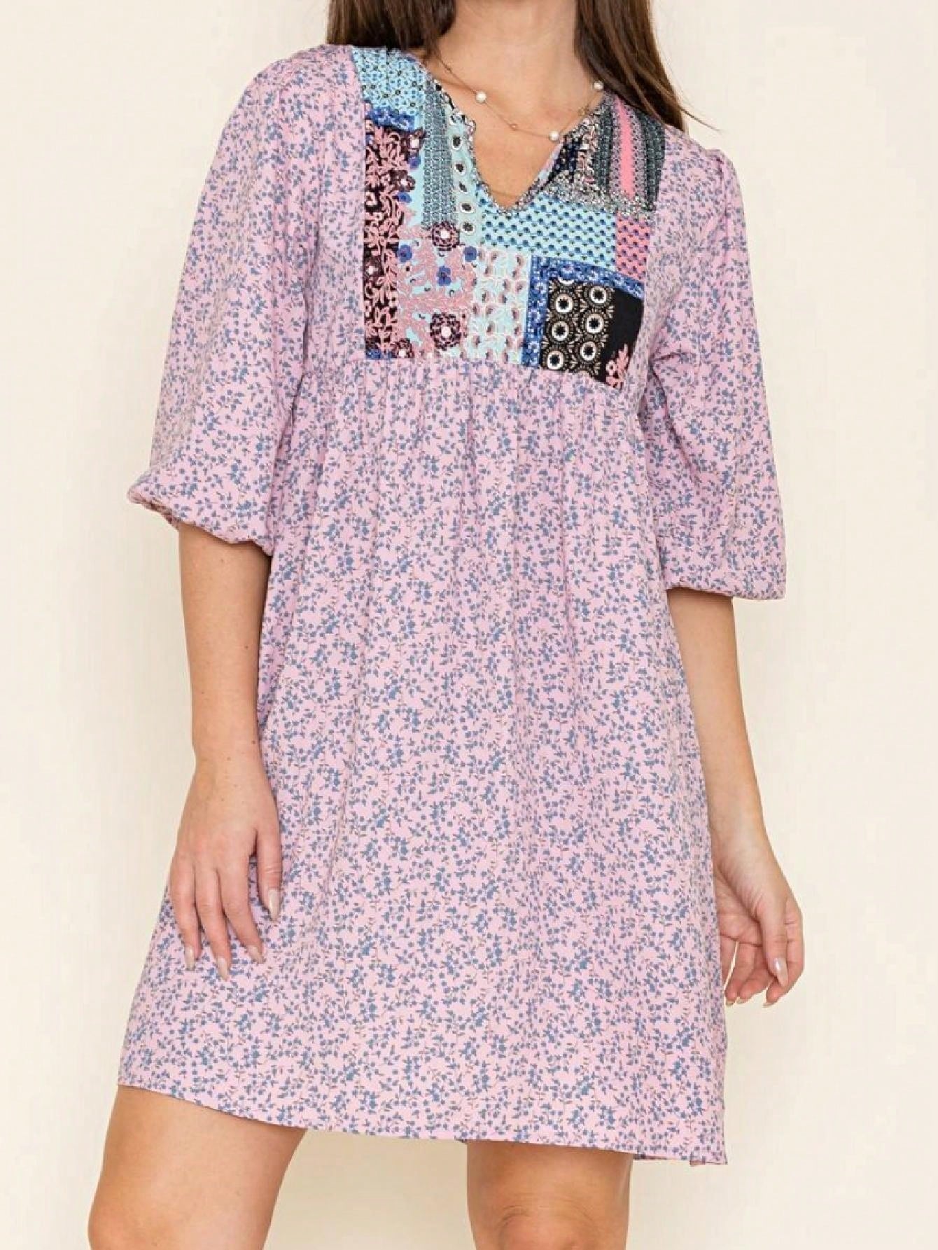 Boho Retro Half Balloon Puff Sleeve   Tunic Dress