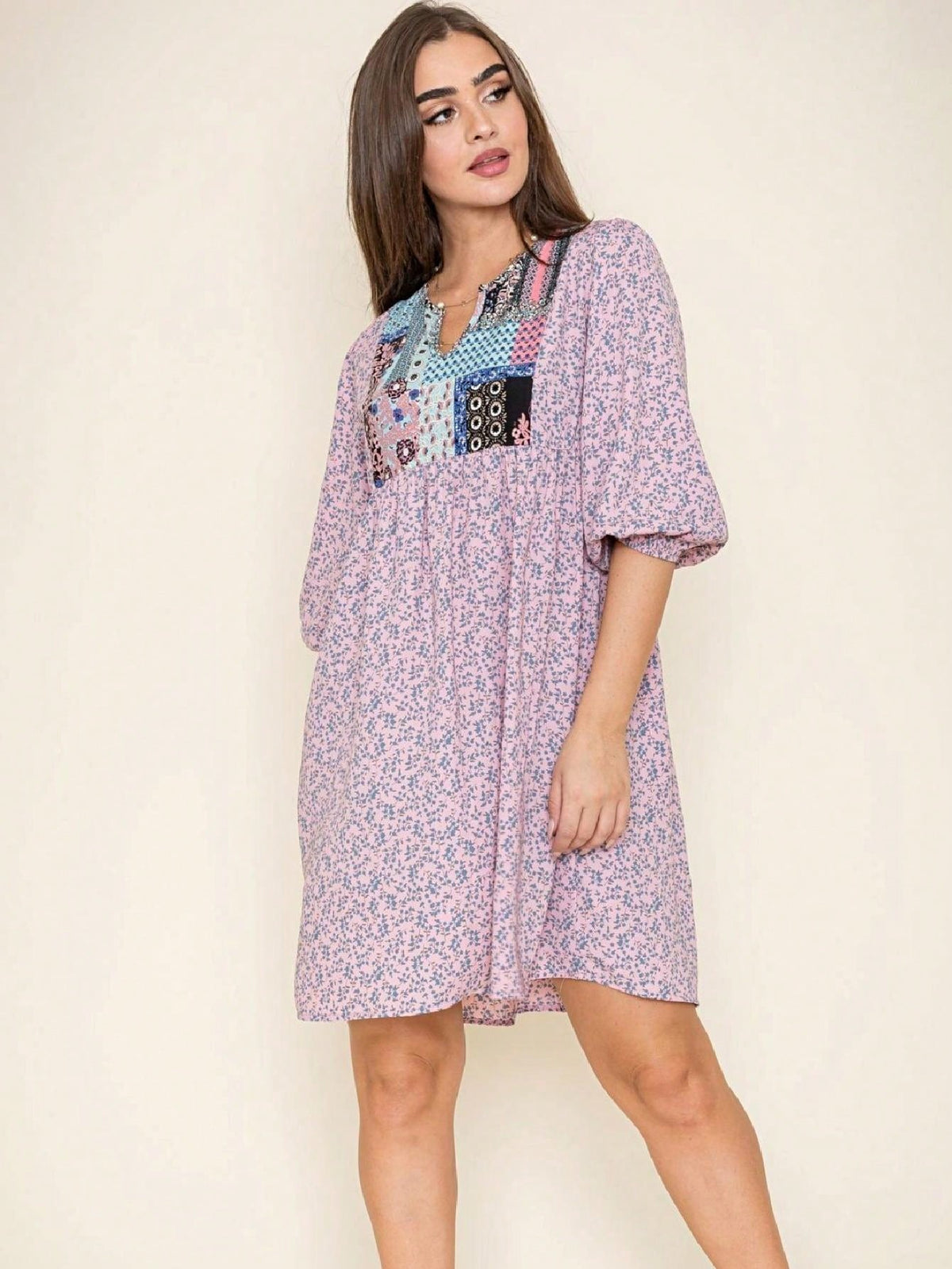 Boho Retro Half Balloon Puff Sleeve   Tunic Dress