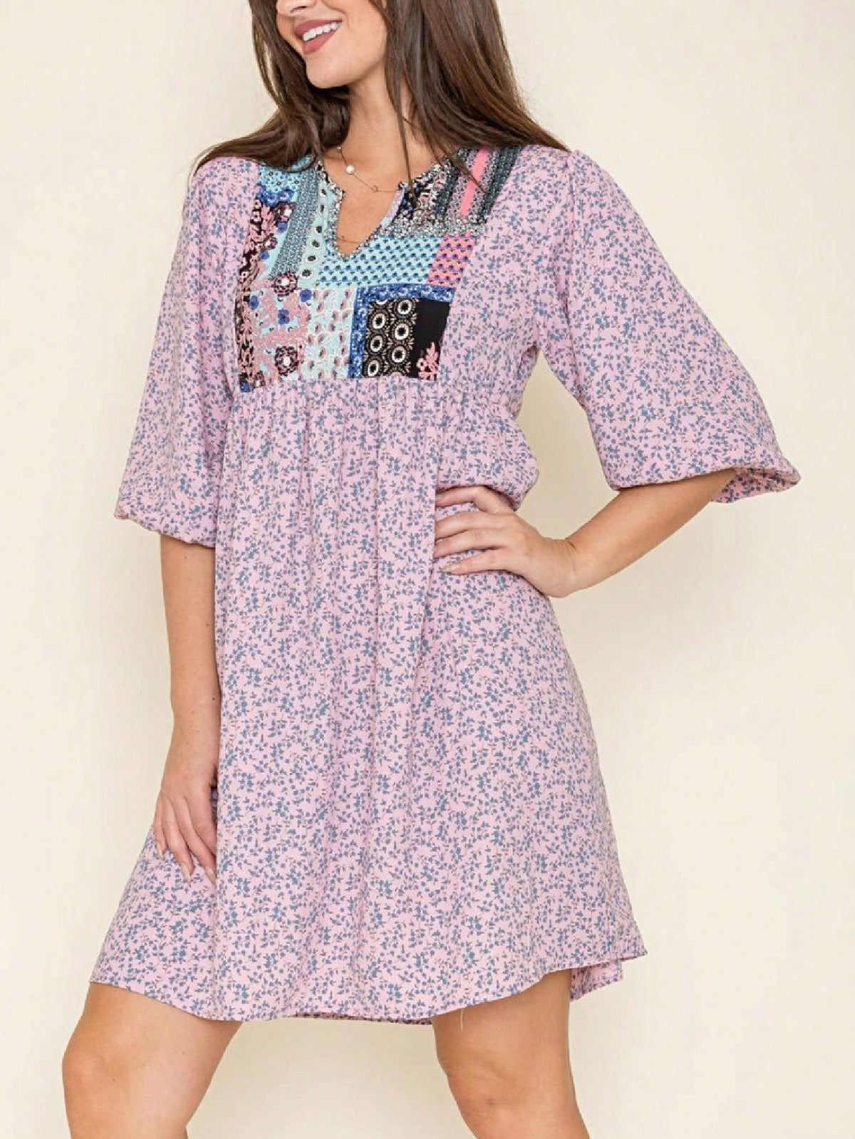 Boho Retro Half Balloon Puff Sleeve   Tunic Dress
