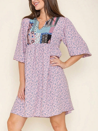 Boho Retro Half Balloon Puff Sleeve   Tunic Dress