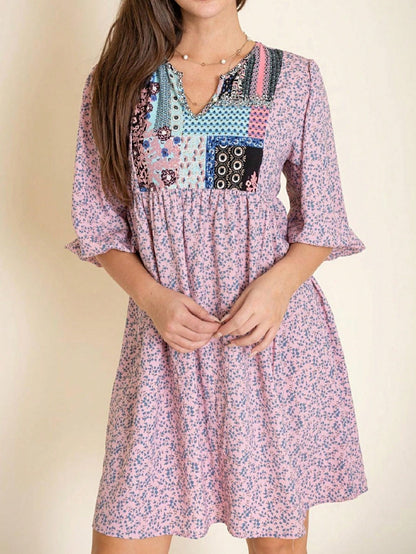 Boho Retro Half Balloon Puff Sleeve   Tunic Dress