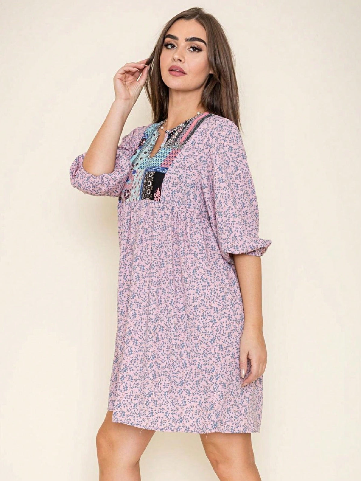 Boho Retro Half Balloon Puff Sleeve   Tunic Dress