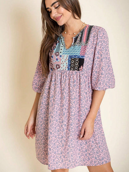 Boho Retro Half Balloon Puff Sleeve   Tunic Dress