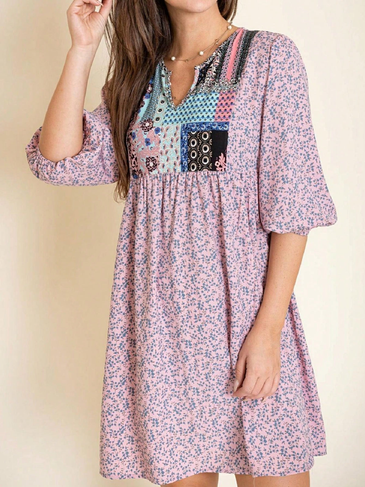 Boho Retro Half Balloon Puff Sleeve   Tunic Dress