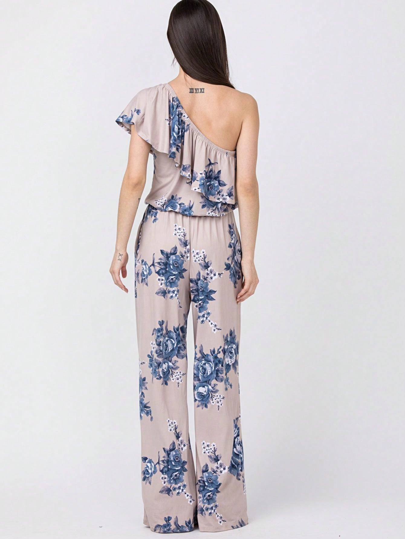 Boho Casual Beige Blue Floral Leaf Tank Cami One Shoulder Ruffle Wide Leg Jumpsuit Small To 3 XL PLUS